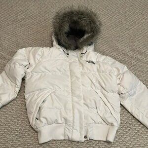 Northface 550 down women's white puffer coat greylining hood w faux fur sz small